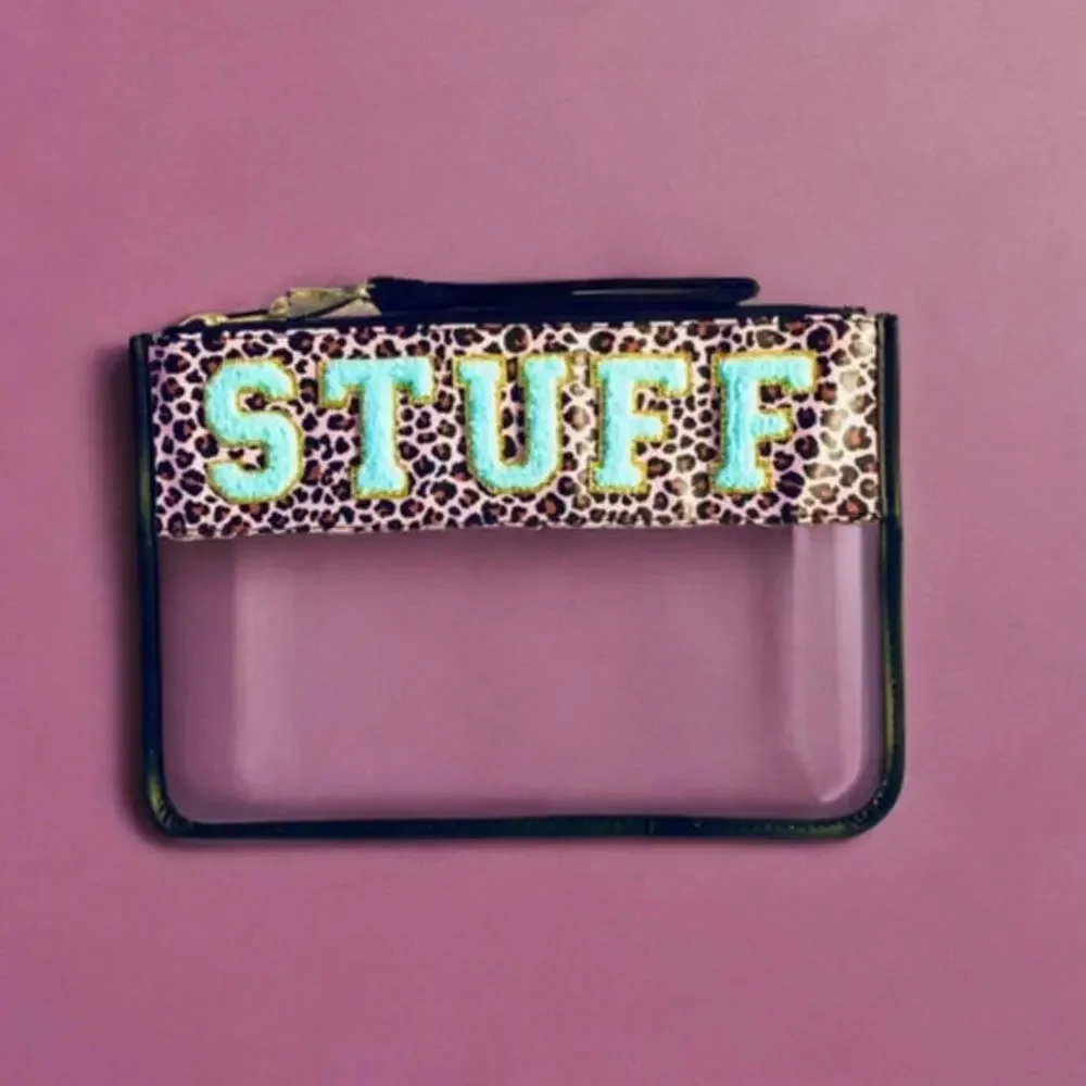 Large Pouch - STUFF, Pink Leopard Print With Aqua Teal Patches Great For Makeup